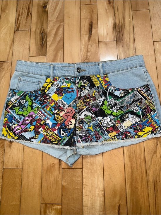 Marvel Pants - Marvel Light Blue Denim Shorts with Multicolor Comic-Print Panels